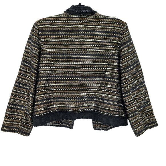 Chico's Boucle Tweed Blazer Size 1 M Black Gold Metallic Striped Chain Trim - Picture 2 of 12